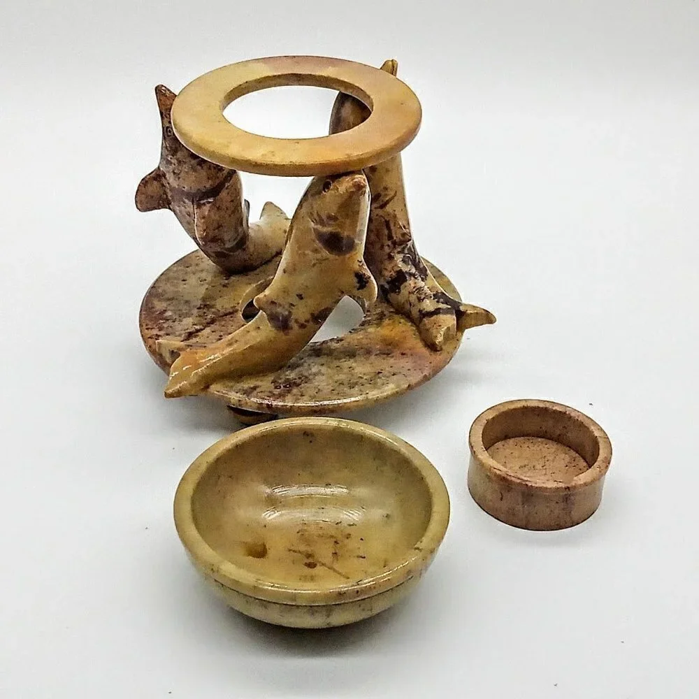 Three Stone Dolphins Carved Candle Incense Holder